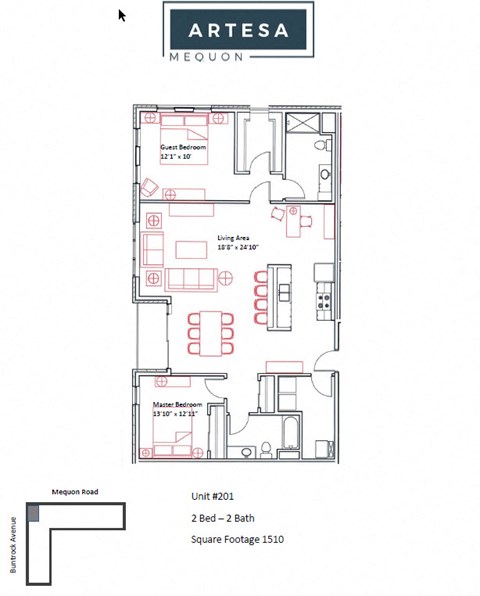 Floor plan for 2 beds, 2 baths, 1510 sqft